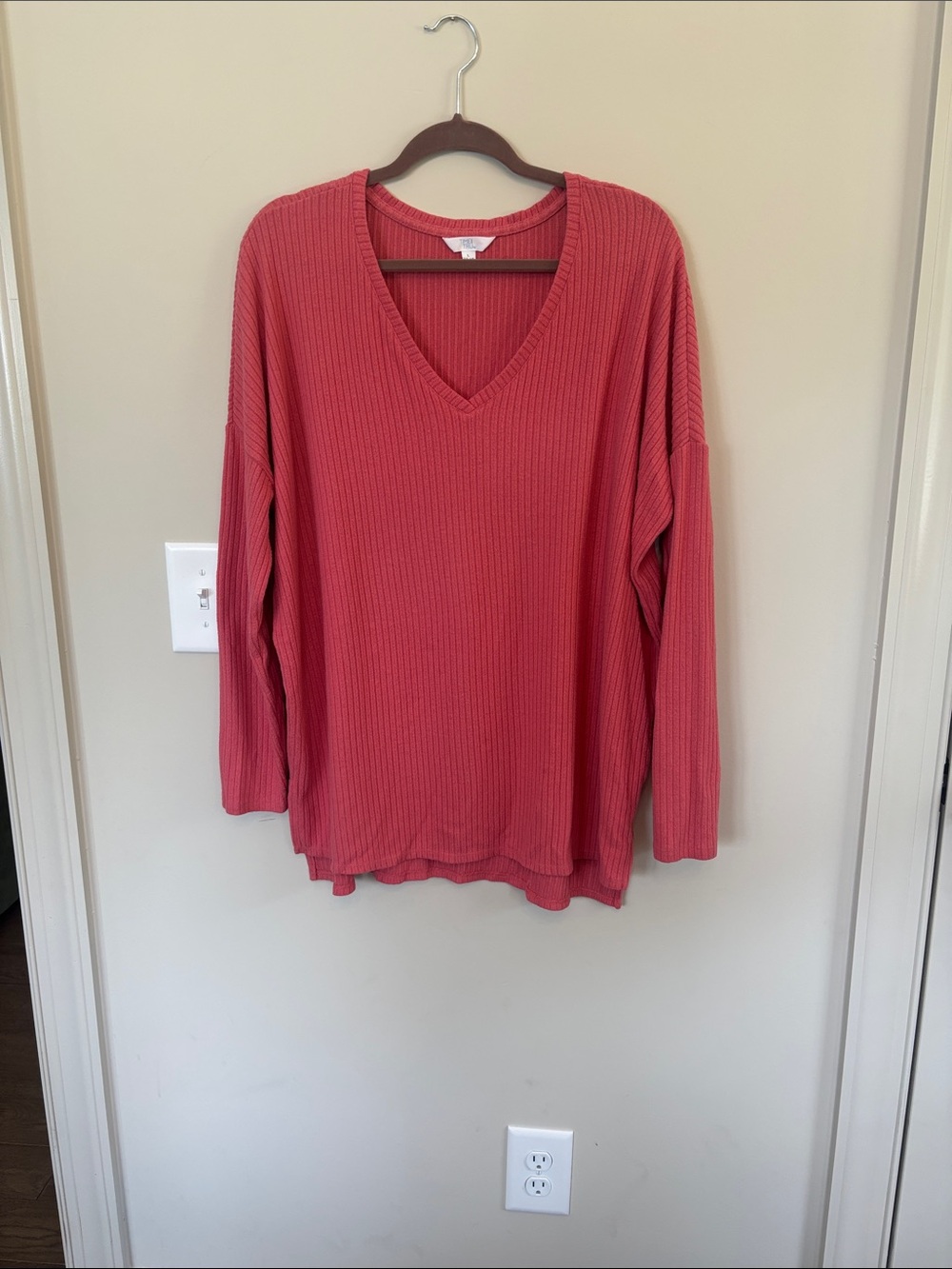 Time and Tru Ribbed V-Neck Tunic in Coral